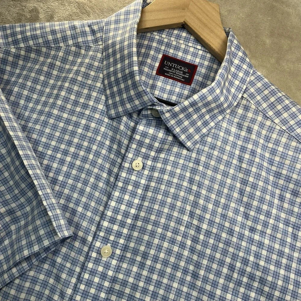 UNTUCKit Mens XL Blue White Plaid Wrinkle Free Short Sleeve Button Down Shirt